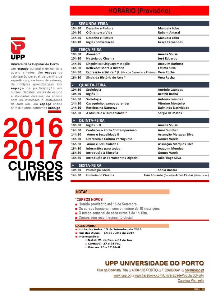 UPP Horário 2016-2017 UPP Horário 2016-2017