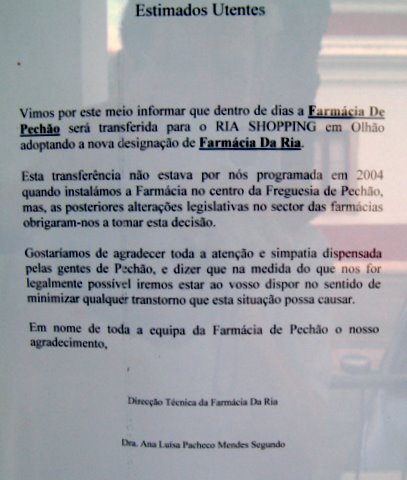 Comunicado da Directora Técnica da Farmácia de Pechão, quero dizer, Farmácia da Ria