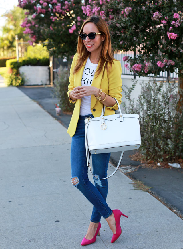 Sydne-Style-Holy-Chic-graphic-tee-yellow-blazer-di