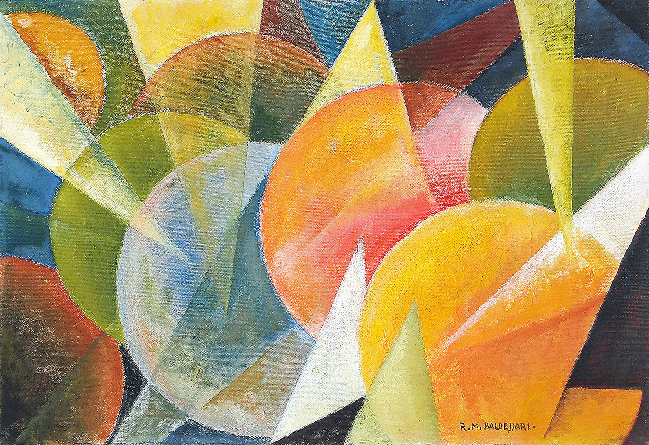 Roberto Marcello Baldessari (Italian, 1894-1965), Simultaneità di forme 7 (Dinamismo), c.1915. Oil on canvas, 37 x 54 cm. Roberto Marcello Baldessari (Italian, 1894-1965), Simultaneità di forme 7 (Dinamismo), c.1915. Oil on canvas, 37 x 54 cm.
